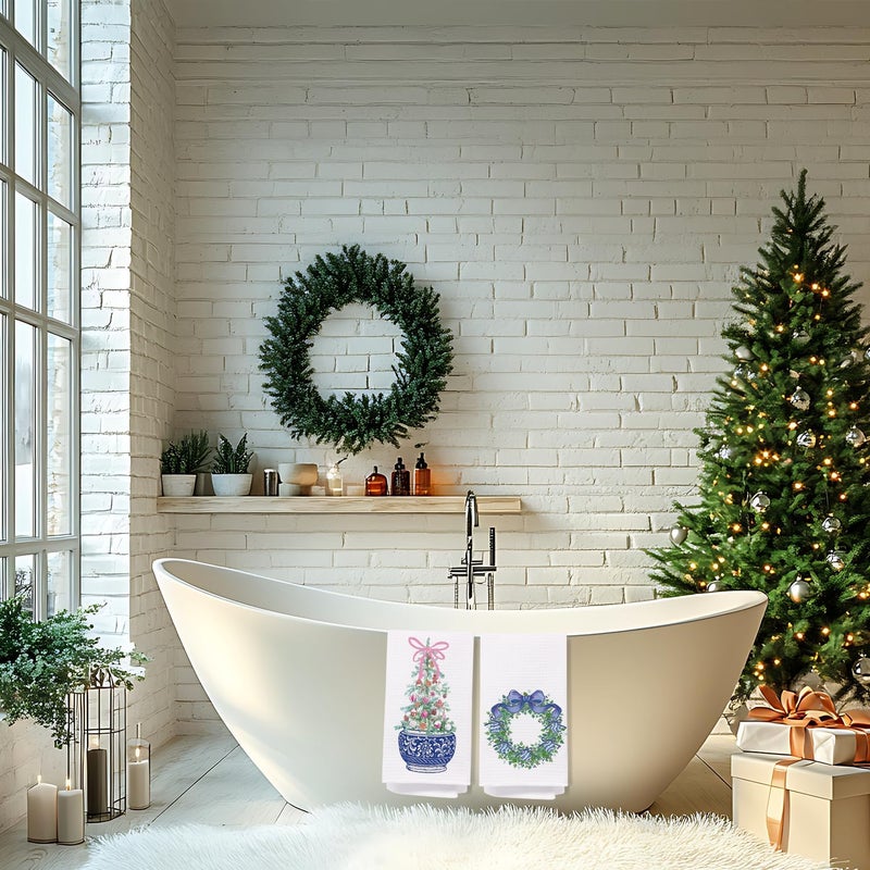 SPBL&L Chinoiserie Christmas Kitchen Towels,Blue Bow Coquette Christmas Tree Dish Towels for Kitchen Bathroom, Blue Christmas Hand Towels for Kitchen,Set of 2 Grandmillennial Decor,16x24 Inches - Image 4